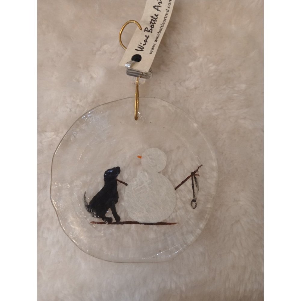 Black lab dog and snowman wine bottle Ornament - Picture 2 of 3